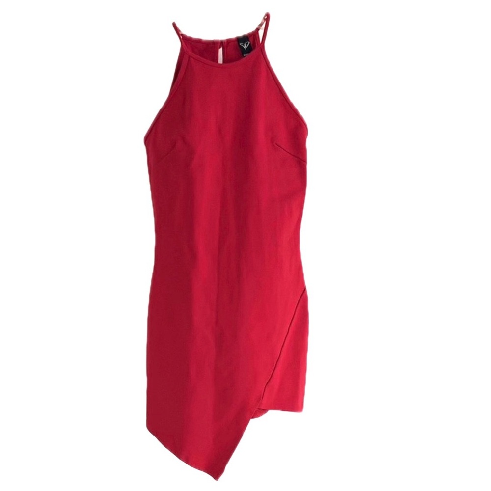 Red Asymmetrical Form Fitting Stretch Halter Dress